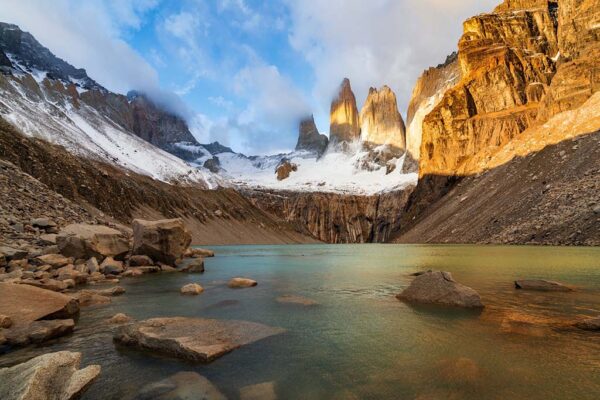 Torres Del Paine Lit Up At Sunrise